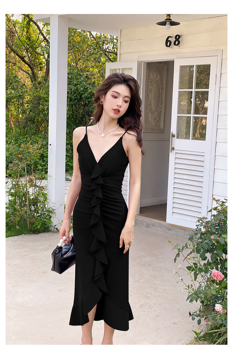 V-Ausschnitt, gerüschtes Schlitz-Spaghetti-Trägerkleid, Sommer-langes Kleid, Abendkleid 1083