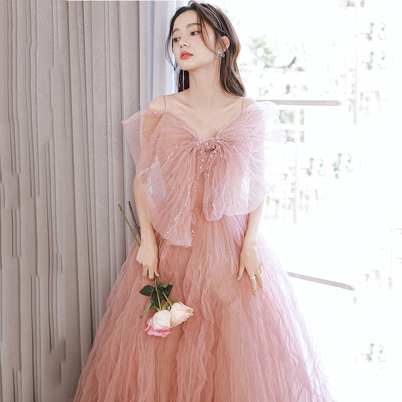 Robe de bal en tulle rose à bretelles spaghetti, jolie robe de princesse 665