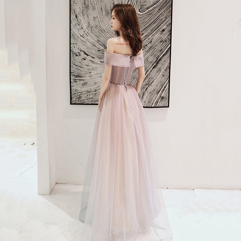 Robe de soirée d'anniversaire rose à épaules dénudées, sans bretelles, coupe S, 711