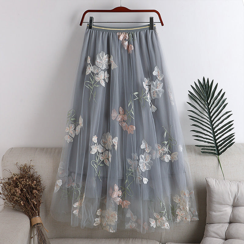 Embroidered Flower Mesh Fluffy Mid-length Skirt Women's Skirt 737