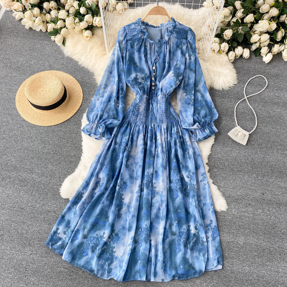 Elegantes bedrucktes französisches Kleid mit Puffärmeln, feenhafter langer Rock 1004