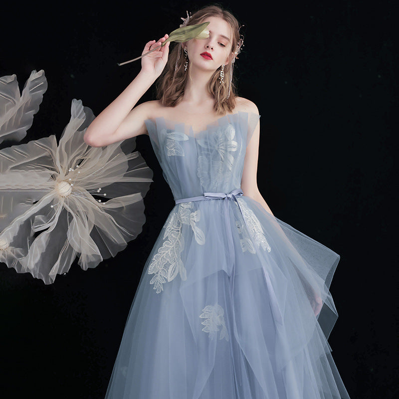 strapless blue tulle prom dress a line long evening dress party dress 162 - JulyProm