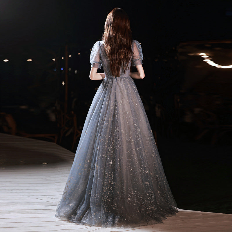 Robe de bal en tulle brillant à col en V et paillettes grises et bleues 658