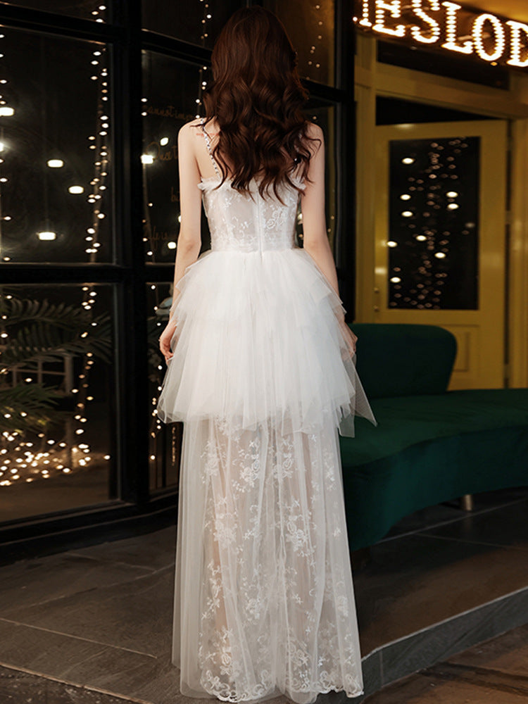Robe de bal en tulle blanc à bretelles spaghetti et dentelle 319