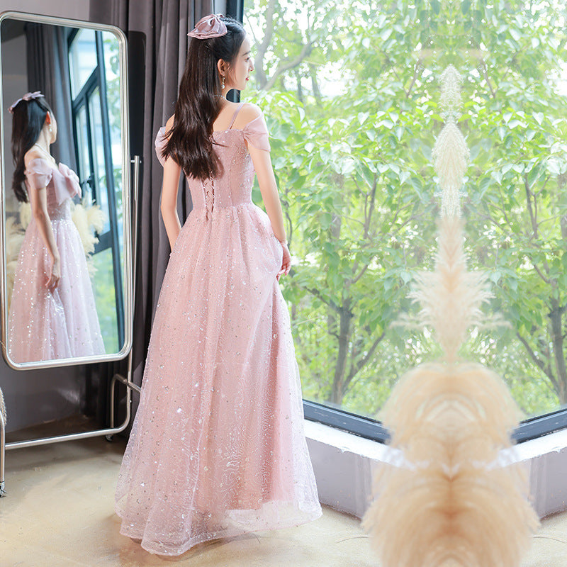 Pink Shiny A Line Long Prom Dress with Bow Tie Cute Sweet Birthday Party Dress 517