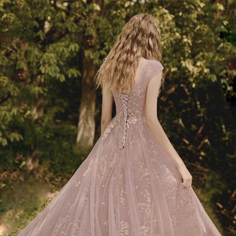 Pink Tulle A Line Long Prom Dress Sparkly Formal Evening Party Dress 152 - JulyProm