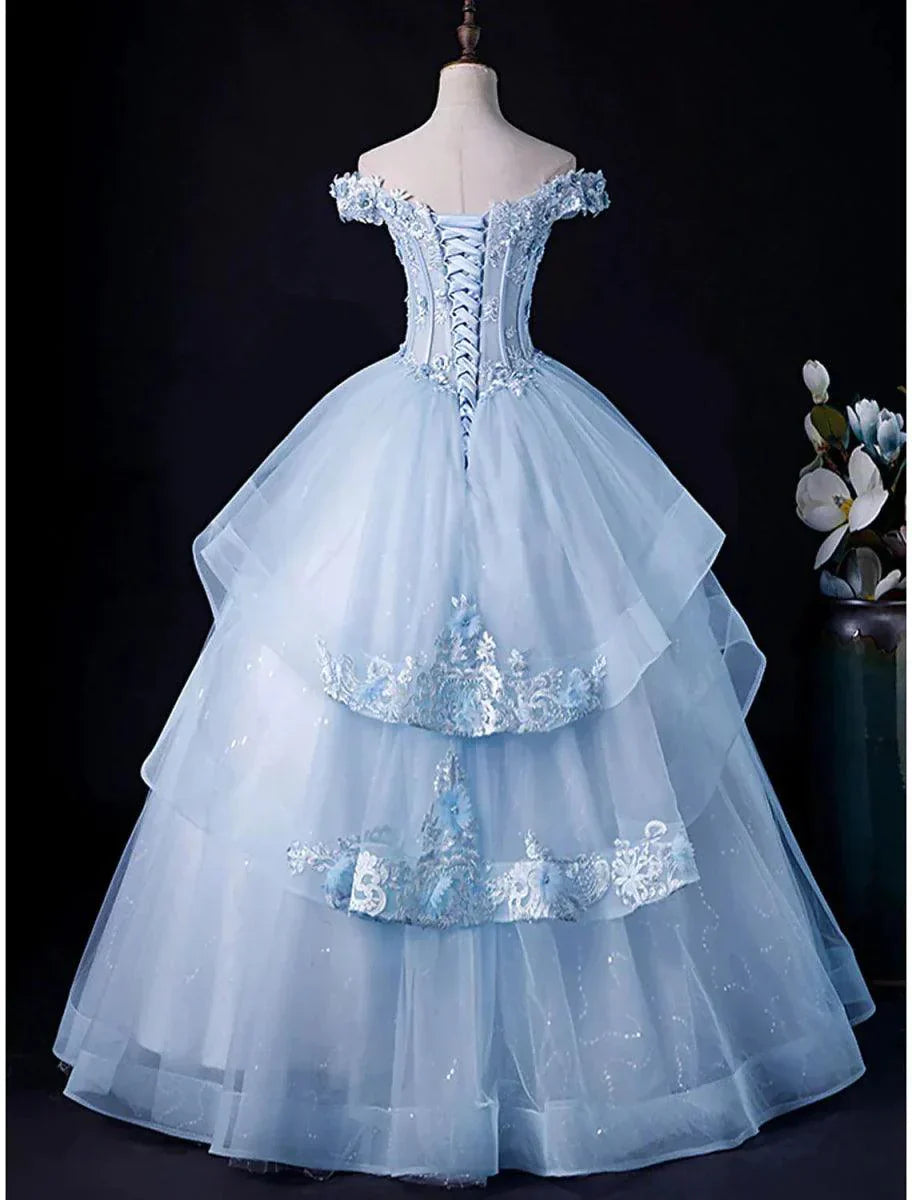 Off The Shoulder Blue Tulle A Line Prom Dress With Appliques J10195