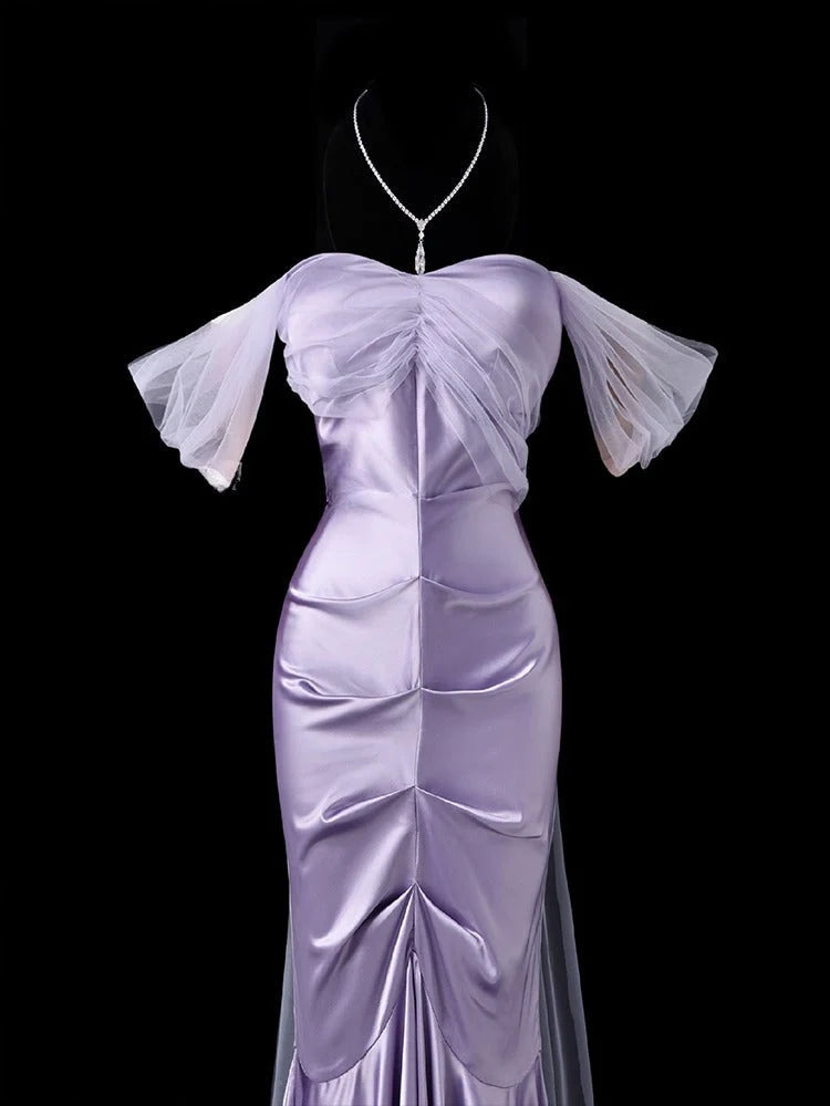 Off The Shoulder Lilac Satin Mermaid Formal Prom Dress J12214