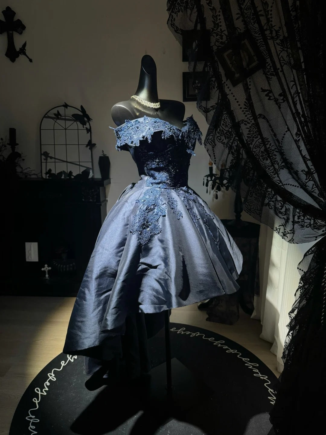 navy blue satin hoco dress Off The Shoulder Homecoming With Appliques J1083 offering a flattering silhouette