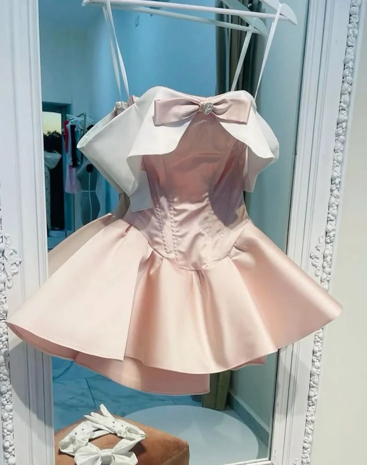 Off The Shoulder Pink Satin Homecoming Dress Short Birthday Dress J11514