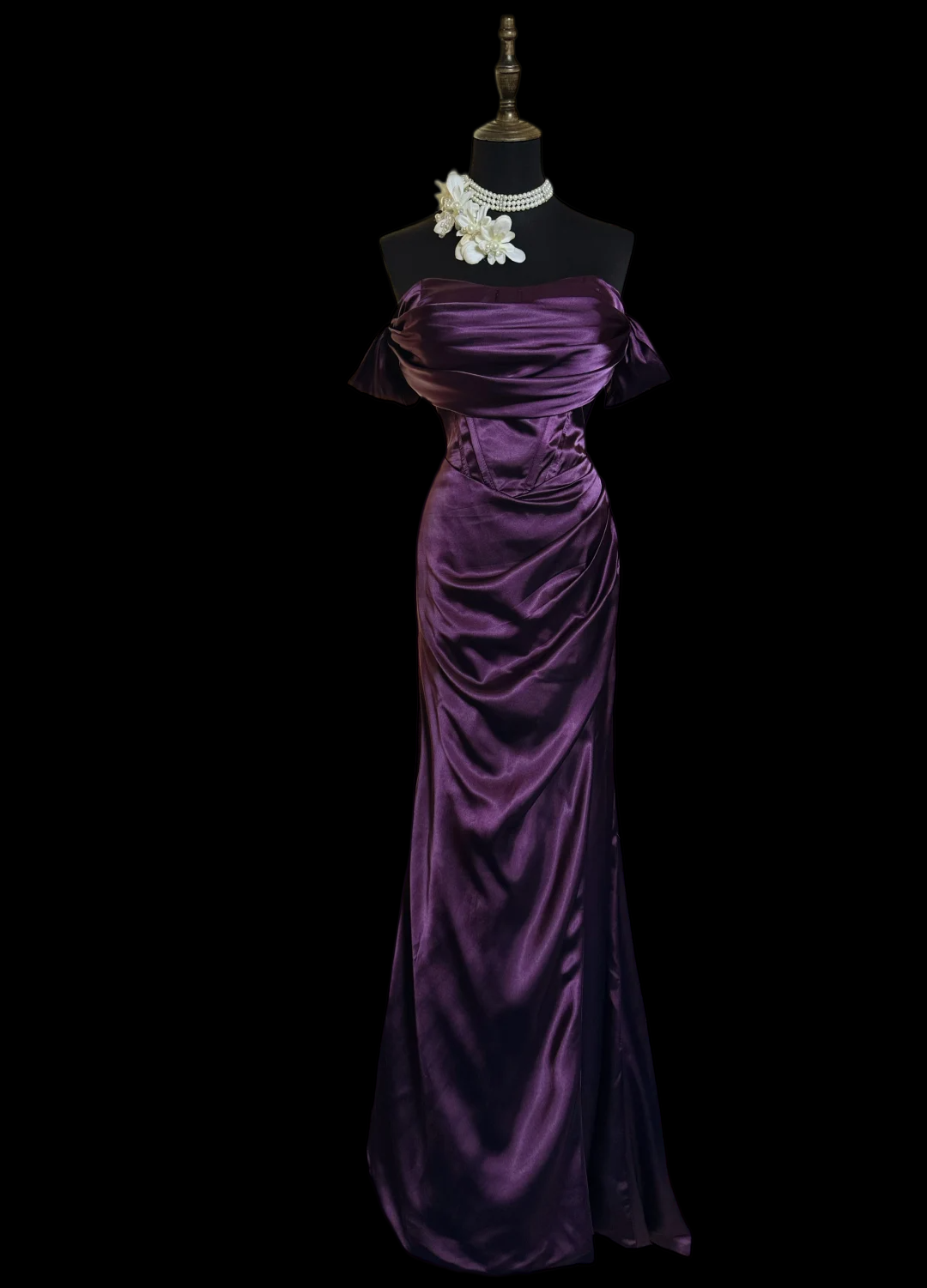 Robe de bal bustier violette en satin avec appliques, robe de soirée formelle J9413