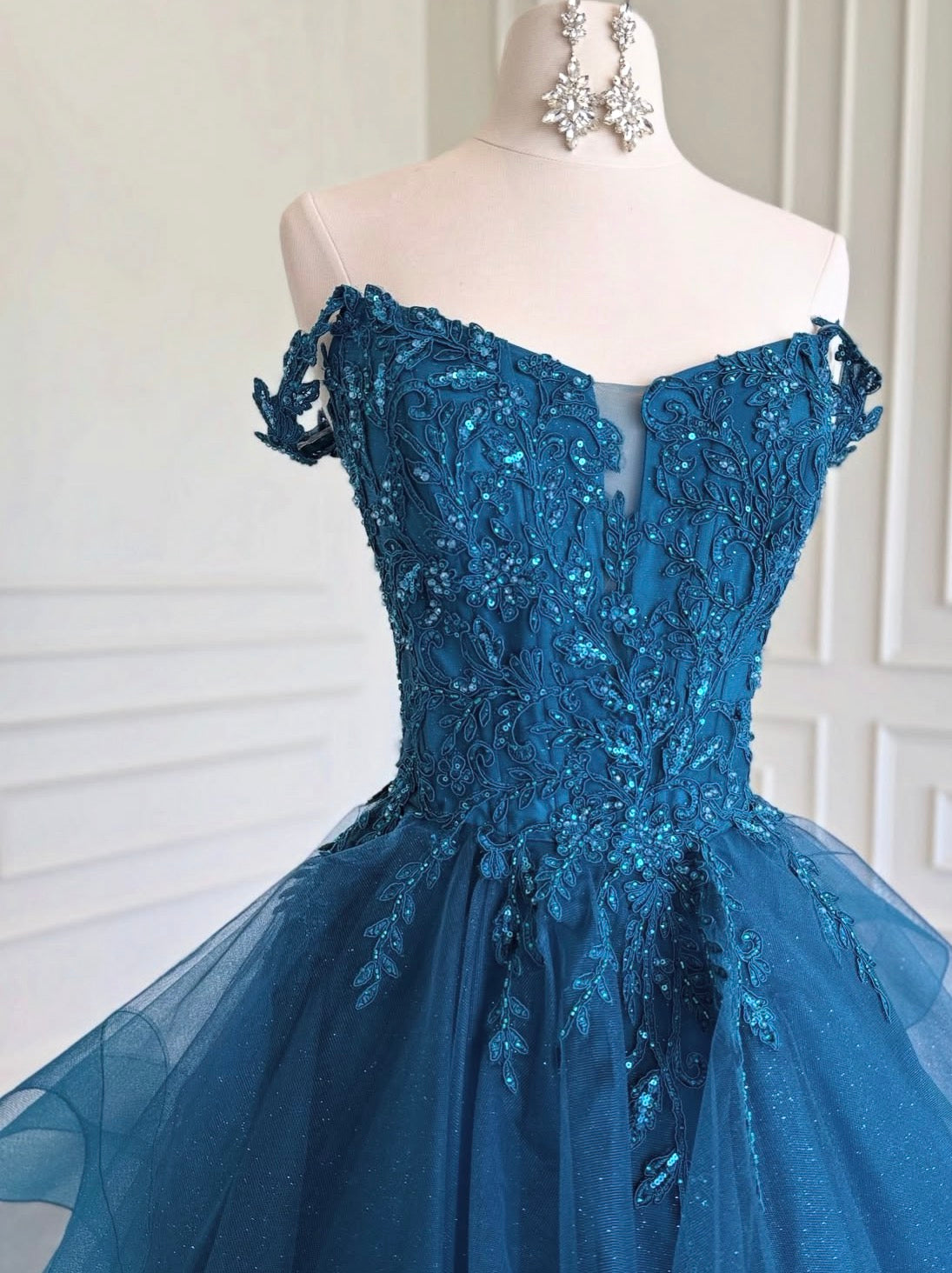 Off The Shoulder Teal Blue Tulle Prom Dress A Line Formal Dress J9920