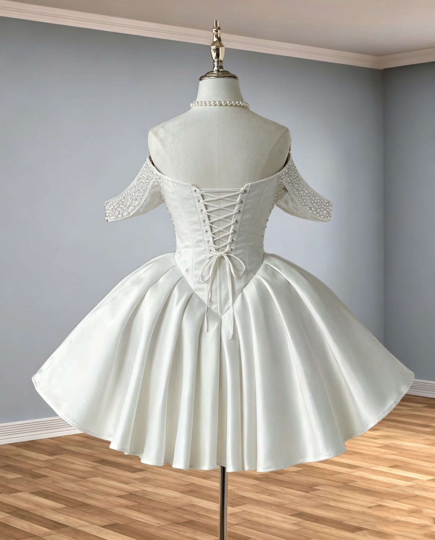 Trägerloses silbernes Vintage-Abendkleid, A-Linie, Geburtstagskleid J9370