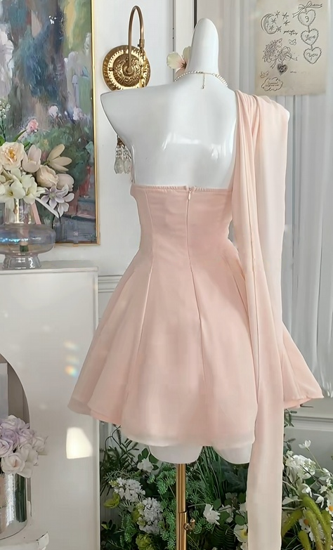 One Shoulder A Line Pink Chiffon Homecoming Dress J10987