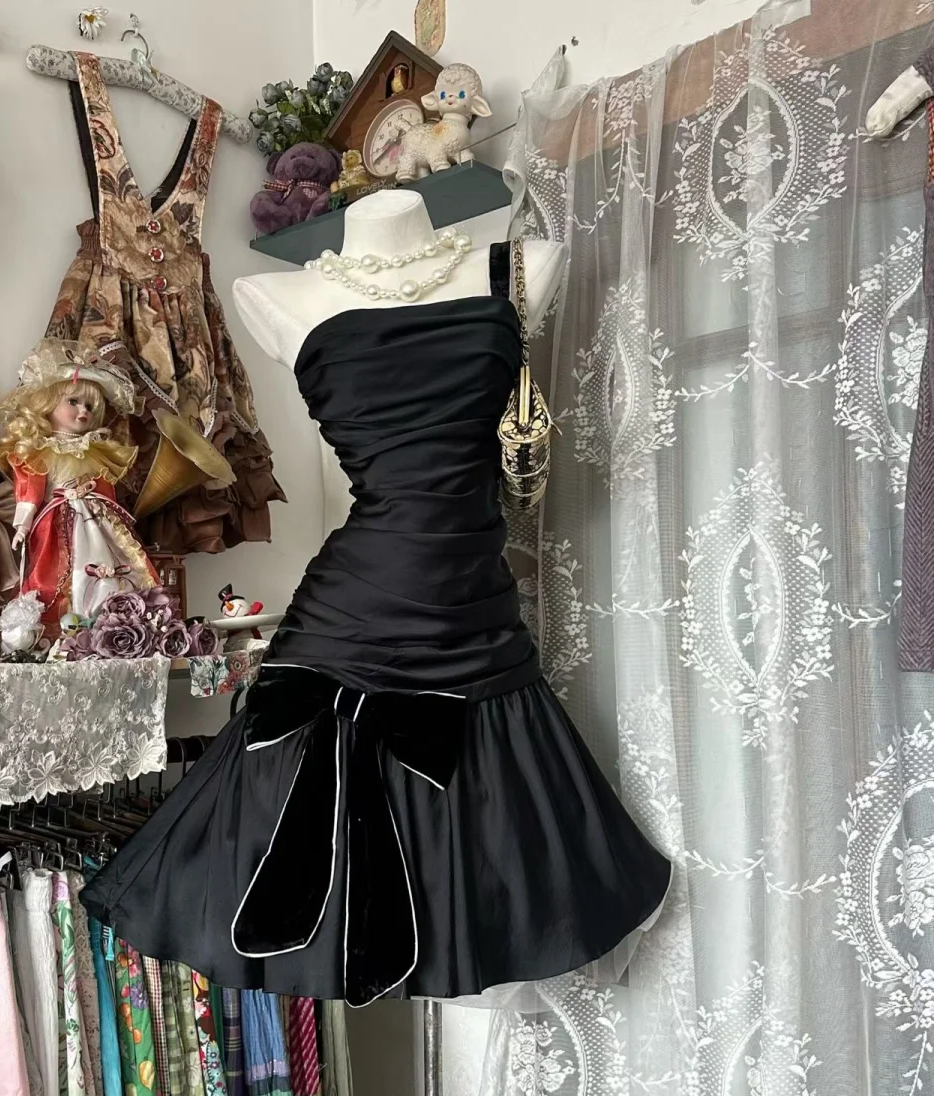 One Shoulder Black A Line Birthday Dress With Bow J10055