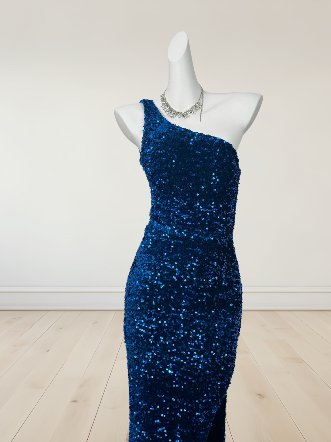 One Shoulder Navy Blue Sequin Prom Dress Sheath Evening Dress J10345