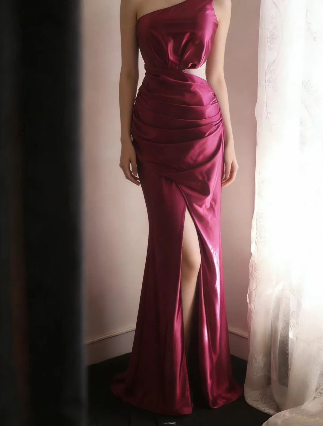 One Shoulder Pink Satin Prom Dress Sheath Evening Dress J10190