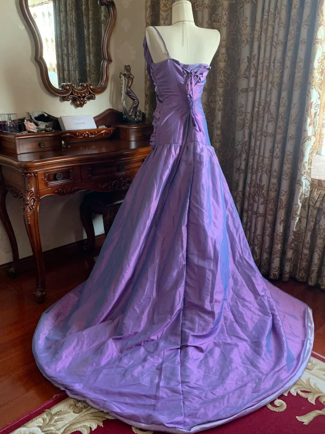 Robe de bal bustier violette en satin avec appliques, robe de soirée formelle J9413