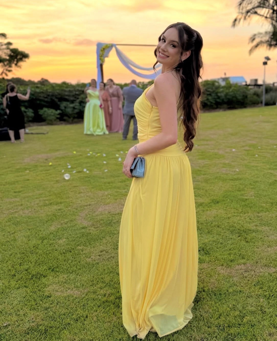 One Shoulder Yellow Chiffon Wedding Guest Dress J9949