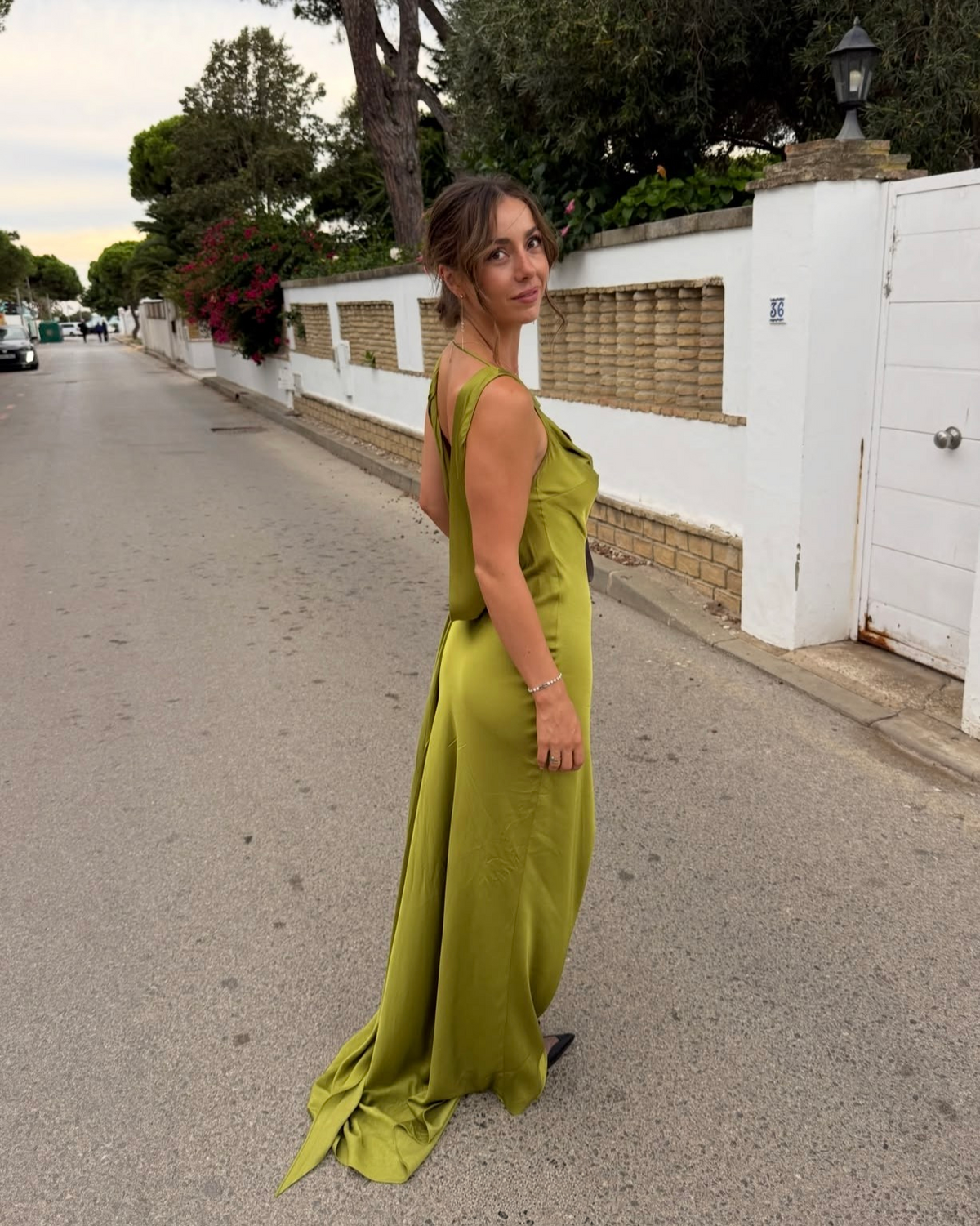 Open Back Green Satin Formal Prom Dress Wedding Guest Dress J12078