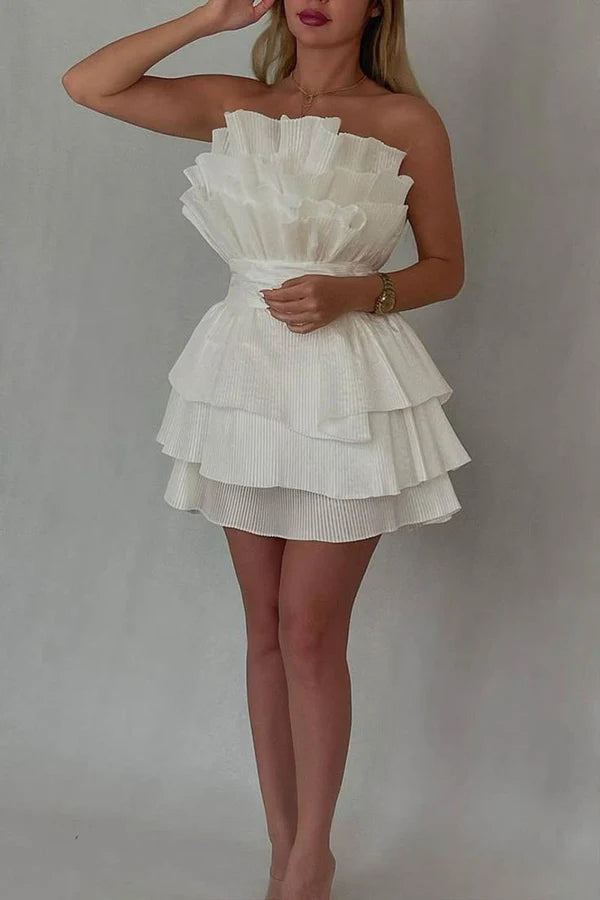 Pleated A Line White Graduation Dress Layered Birthday Dress J10356