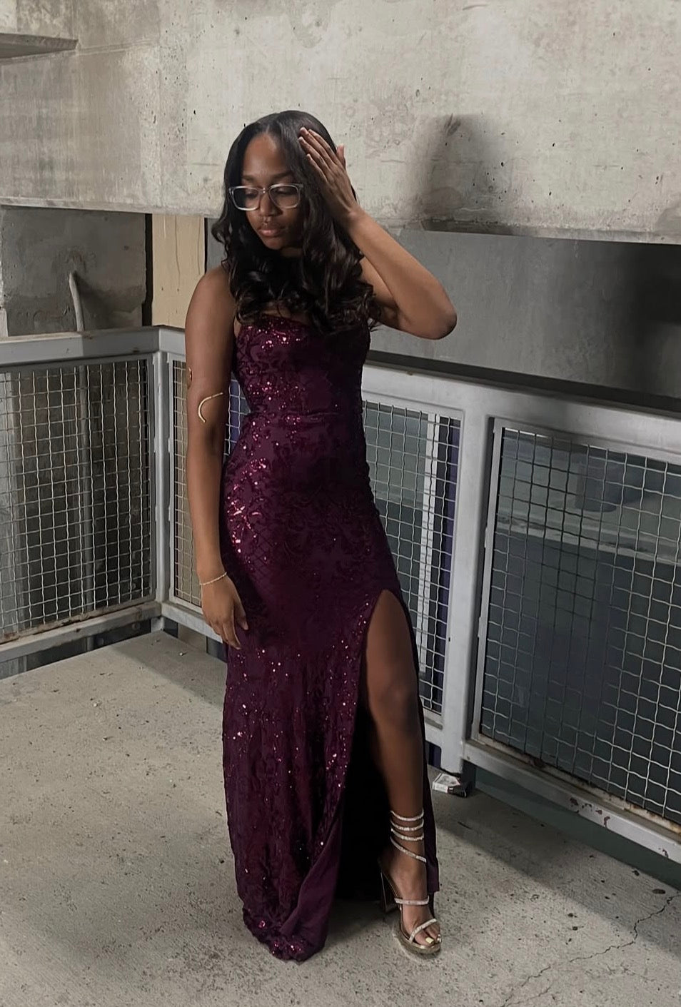 Plum Sequin Mermaid Prom Gown With High Thigh Slit Strapless Formal Evening Dress J12206