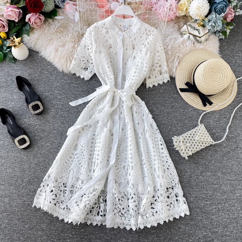 Langarm-Häkel-Hohlspitzenkleid mit Stehkragen, eleganter langer Rock 850
