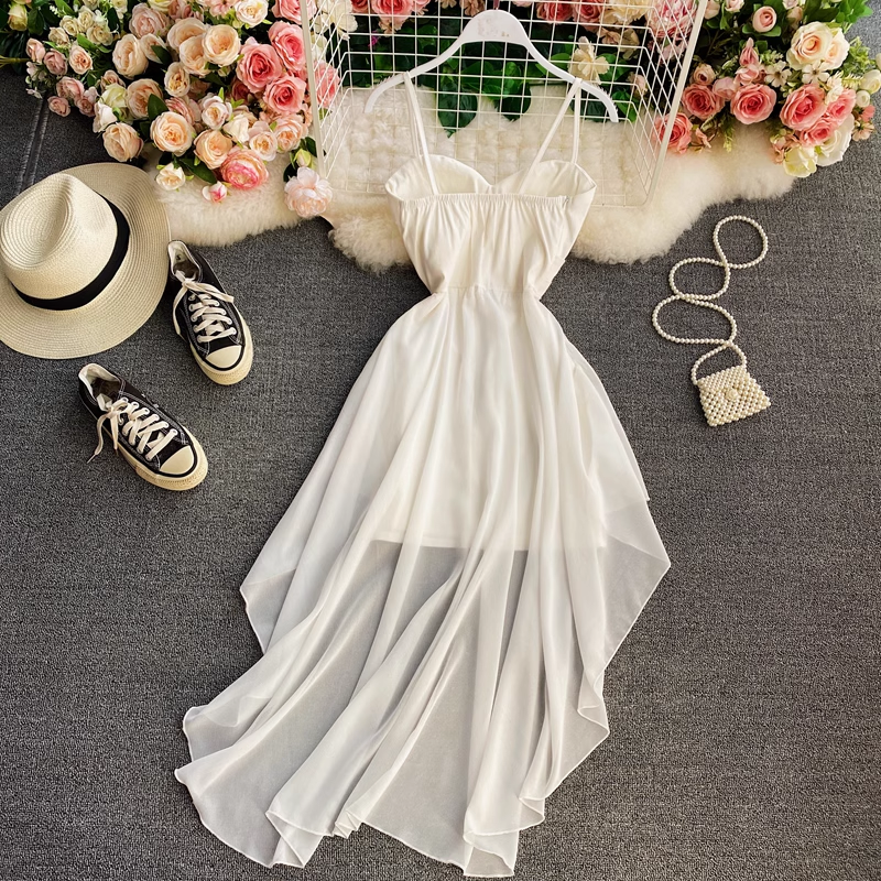 High Waist Thin Strap Dress Fairy Chic Big Swing Long Dress 861
