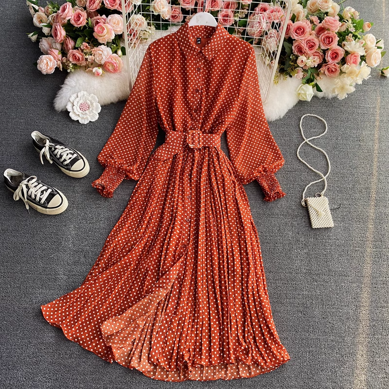 French Style POLO Collar Skirt Long Polka Dot Chiffon Pleated Skirt 863