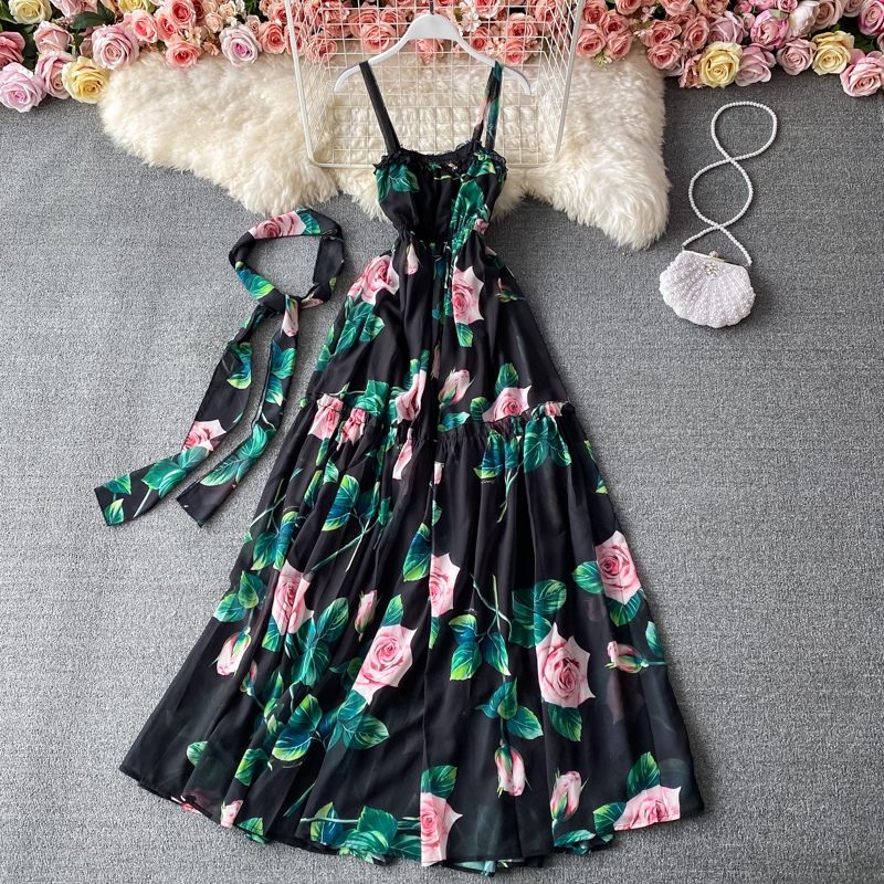 Französisches Retro-Blumenkleid mit dünnen Schulterträgern, Rundhalsausschnitt, großes Swing-Kleid 864
