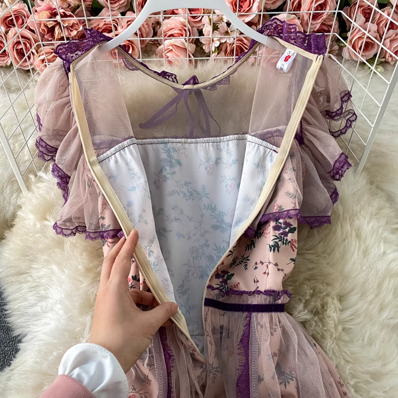 Langes Swing-Kleid mit Rüschen aus Netzstoff, Sommer-Flora-Kleid 866