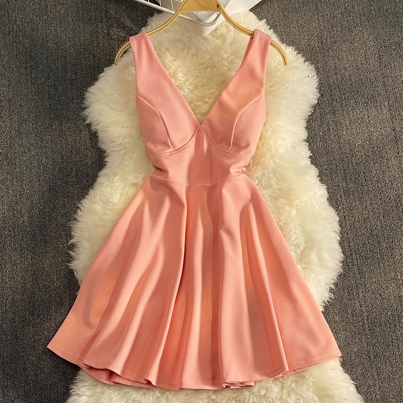 V-Ausschnitt, hoher Taillenrock, offener Rücken, A-Linien-Rock, ärmelloses Kleid 870