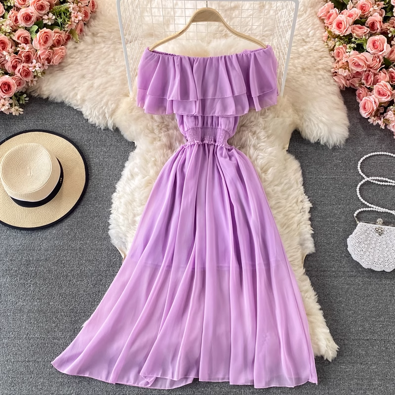 Schulterfreier langer Rock Sexy Rüschenkleid aus Chiffon 873