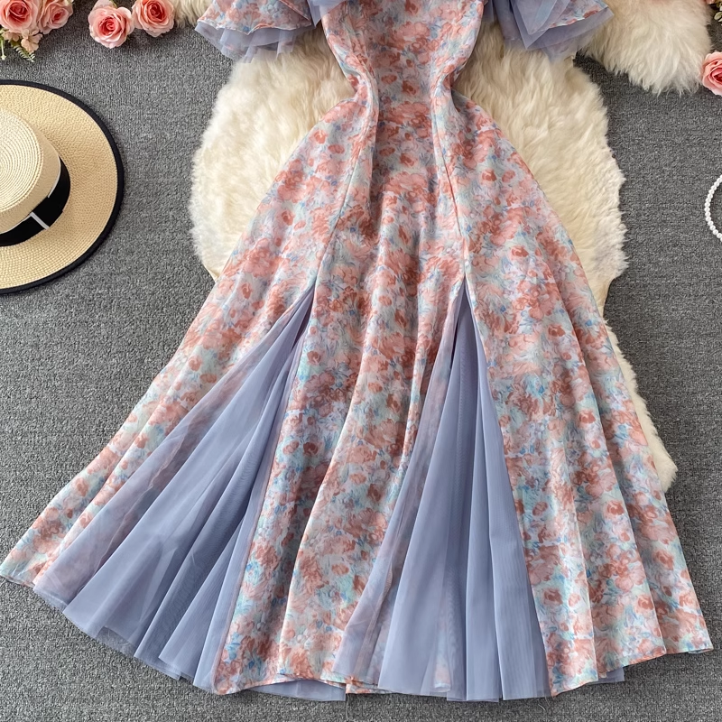 Schulterfreies Mesh-Kleid mit großem Swing-Sommer-Blumenkleid 877