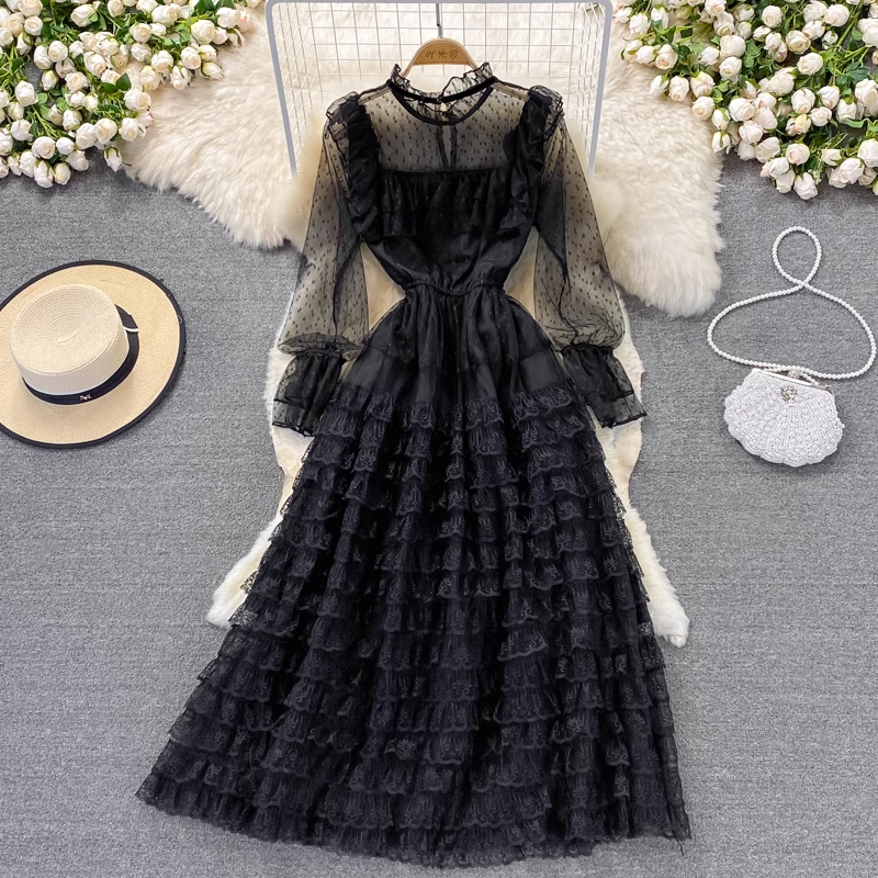 Retro Layered Mesh Fluffy Skirt Stand Collar Elegant High Waist Dress 879