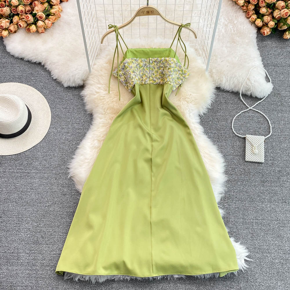 Sommerliches französisches Retro-Kleid mit 3D-Blumen, Spitzenkleid mit Spaghettiträgern 880