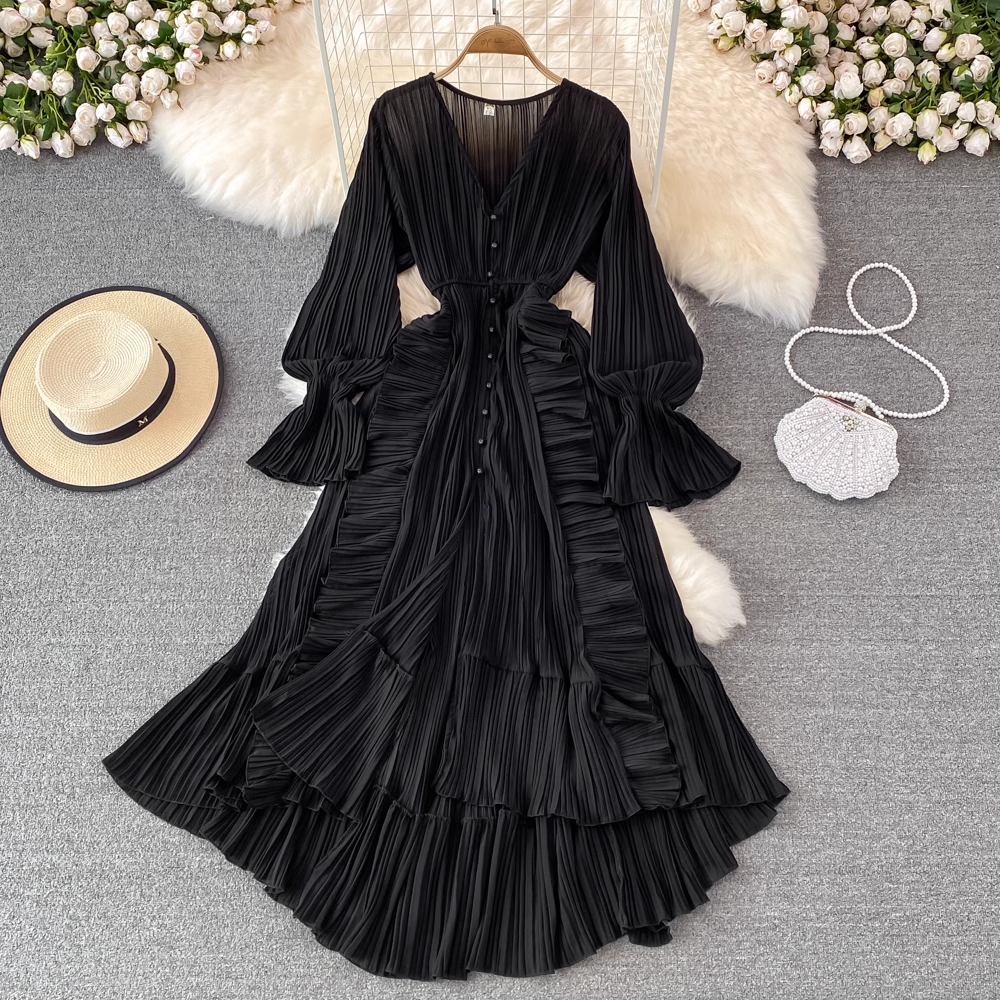 Kleid mit hoher Taille, V-Ausschnitt, langen Ärmeln, schwingendes langes Kleid 882