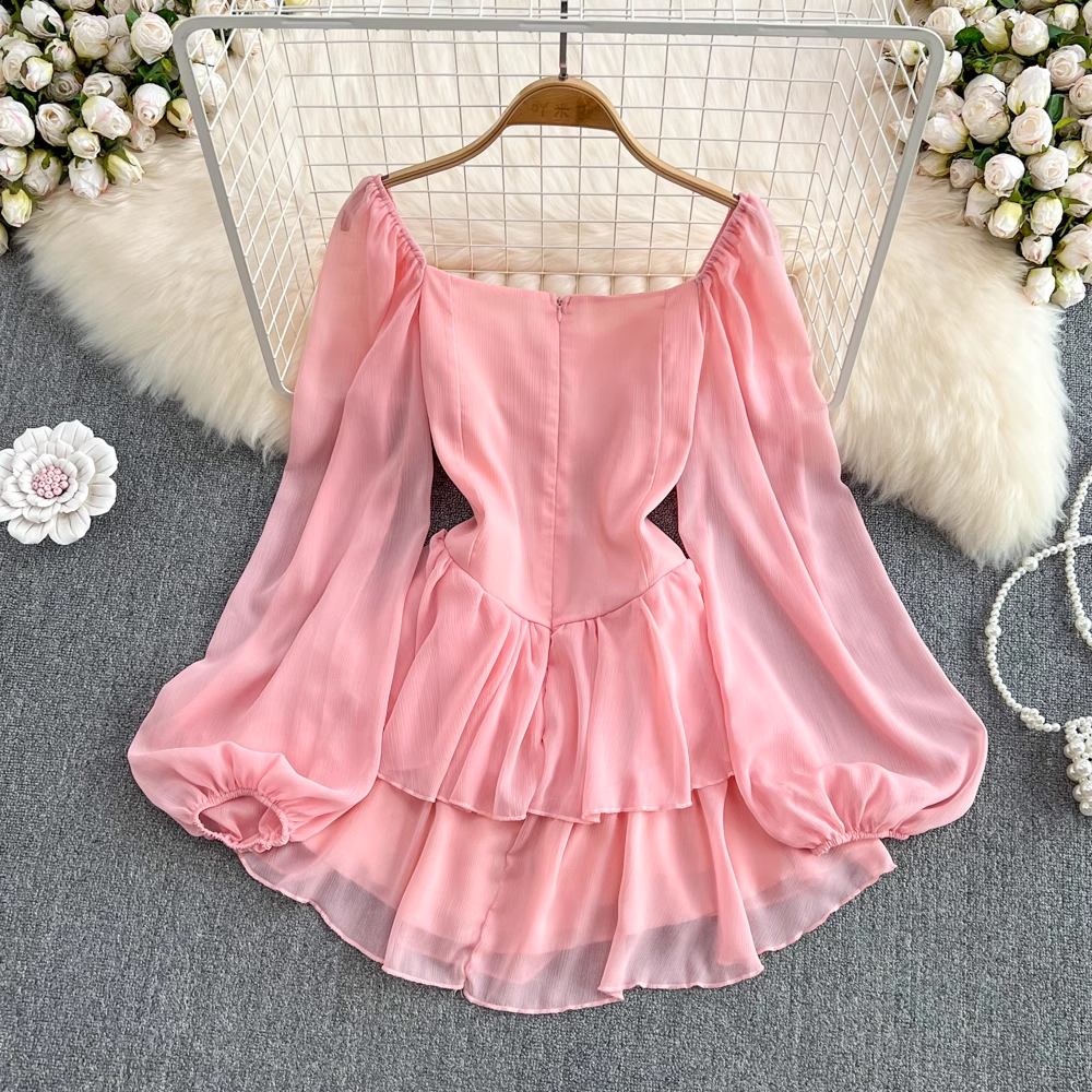 Square Neck Chiffon Dress Puff Sleeve Princess Cake Dress 884