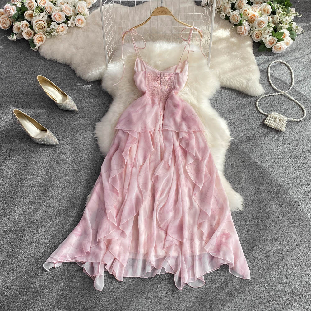 Rosafarbenes Blumenkleid mit dünnen Schulterträgern, französisches Sommerkleid in A-Linie mit Rüschen, 887