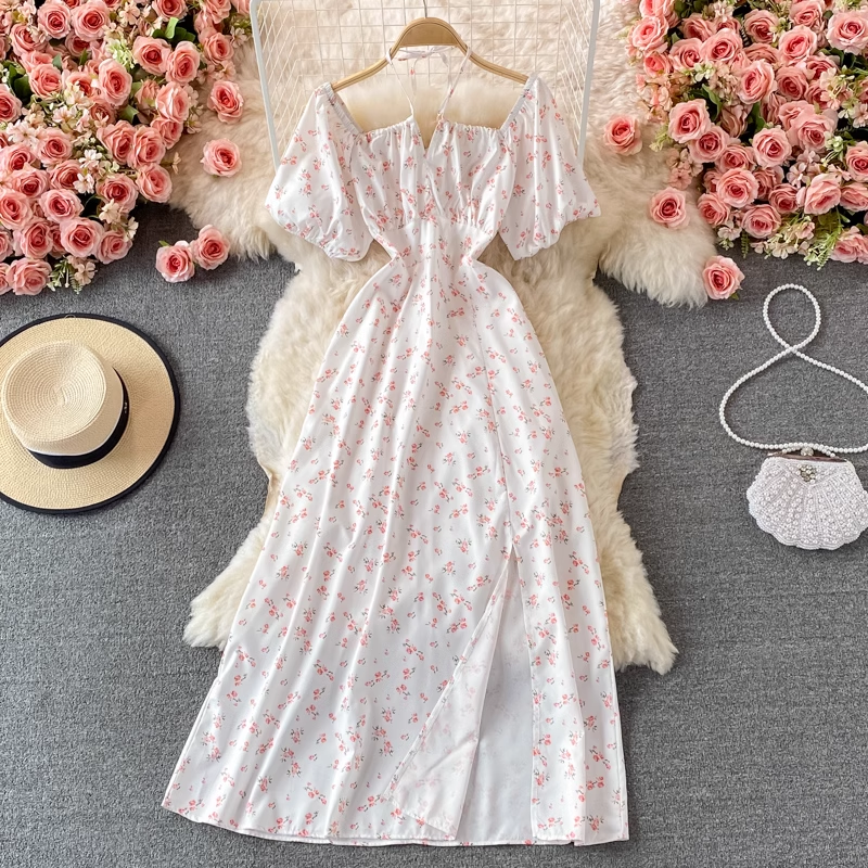 Sommerliches französisches Retro-Blumenkleid, Schlitzkleid mit quadratischem Ausschnitt 891