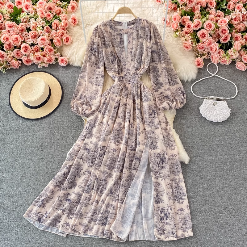 Feenhaftes Kleid mit Rundhalsausschnitt und Schlitz, französisches Vintage-bedrucktes Chiffon-Langkleid 900