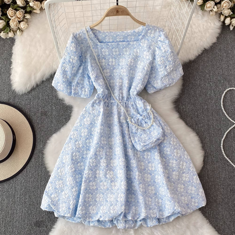 Sommer Französisch Retro Puffärmel Kurzer Rock Quadratischer Ausschnitt Flauschiges Prinzessinnenkleid 904