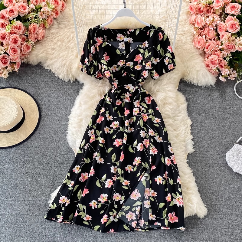 Summer Retro V-neck Floral Dress Puff Sleeves Slit Mid-length A-line Skirt 906