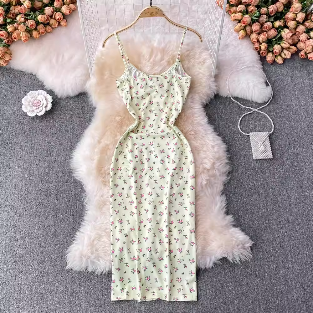 Floral V-neck Spaghetti Strap Mid-length Slit Dress 908