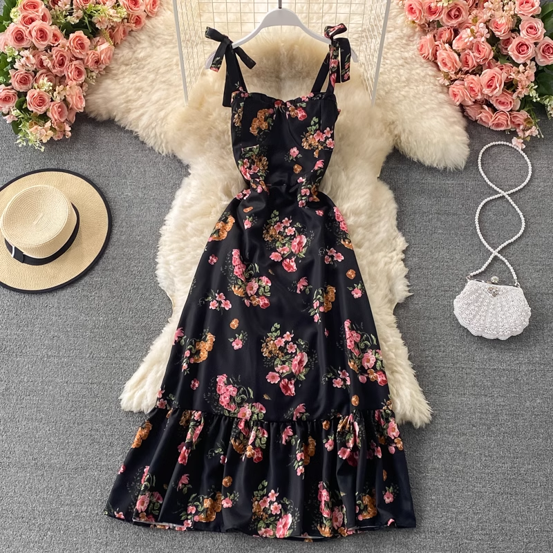 Sommerkleid mit Schleife und Blumenmuster, mittellanges Rüschenkleid 910