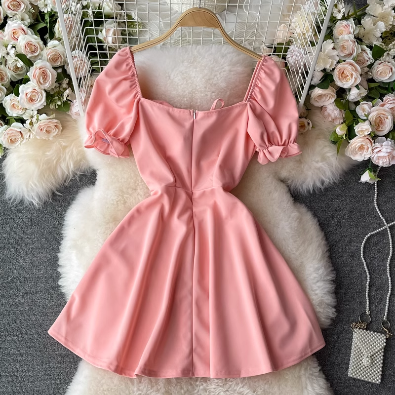 Summer Square Neck Dress Puff Sleeve Short Skirt 912