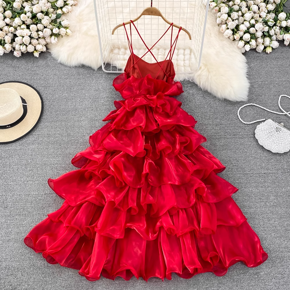 Feenhaftes Kleid mit Spaghettiträgern, Retro-A-Linie, Rüschen-Kuchenkleid, Sommer 913