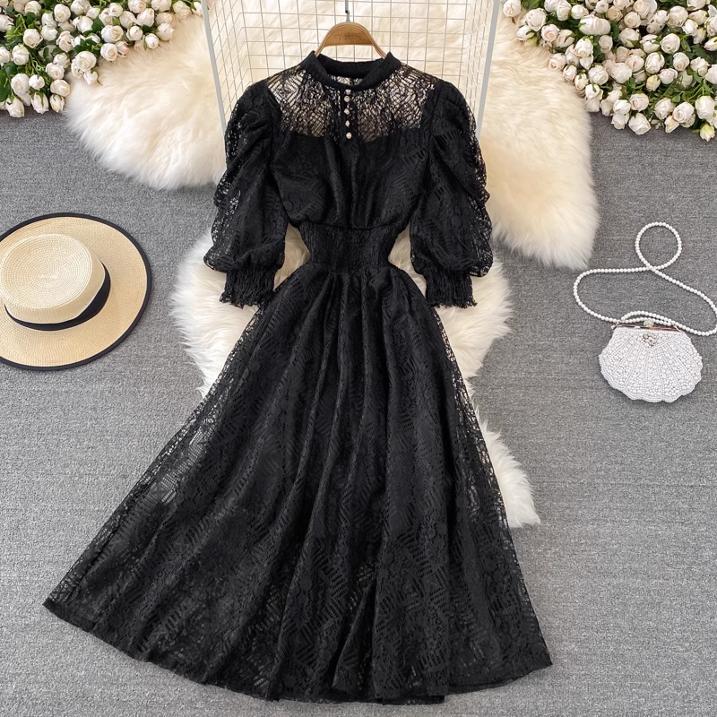 Stehkragen Puffärmel Spitzenkleid Sommer Bohemian Langer Rock 915