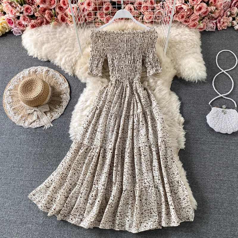 Schulterfreies Chiffonkleid mit hoher Taille und A-Linien-Blumenrock 918