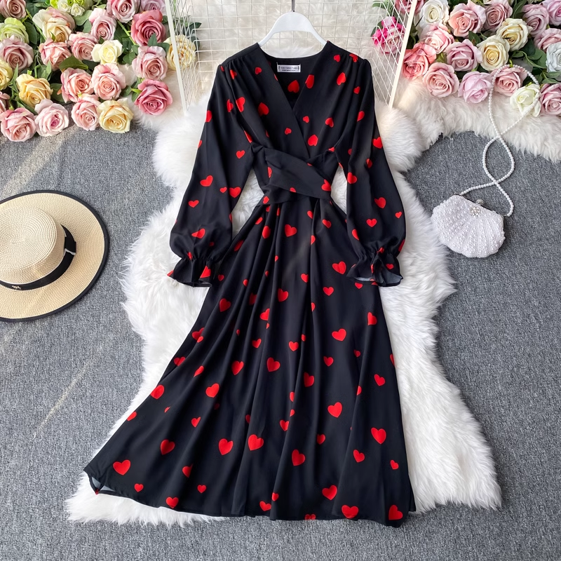 Französisches Kleid mit V-Ausschnitt, kurzärmeliges Sommer-Swingkleid 923